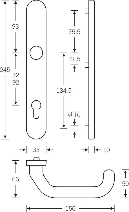 „Diagramm mit Abmessungen einer Schließblech: 245mm Gesamthöhe, 134,5mm von oben bis zum Schlüsselloch, 35mm Breite und 10mm Durchmesser für das Schloss.