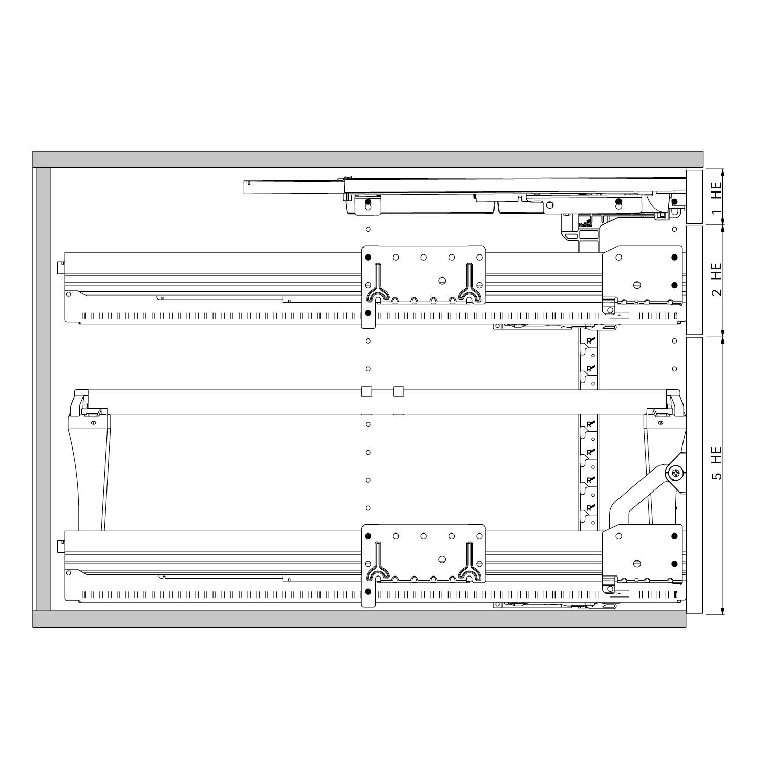 Zwei horizontale Schienen, die auf einem Metallrahmen mit verstellbaren Halterungen montiert sind, mit den Bezeichnungen '2 HE' und '5 HE', die Einheitshöhen angeben.