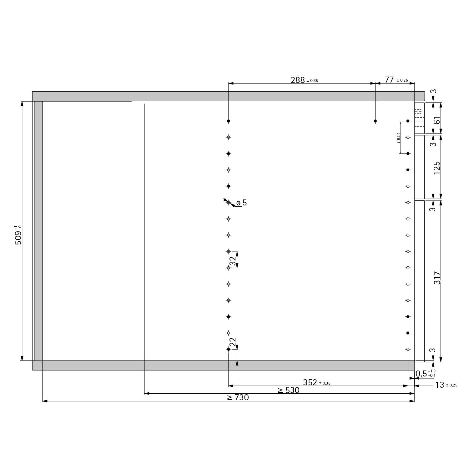 Technisches Schaubild einer rechteckigen Struktur mit genauen Abmessungen in Millimetern.