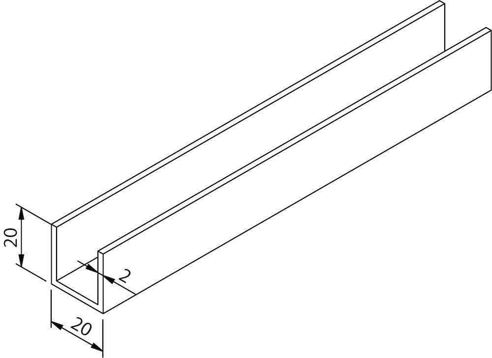 Ein isometrisches Diagramm zeigt einen Metallwinkelstab mit den Abmessungen: Länge 20 und jede Seitenbreite 2.