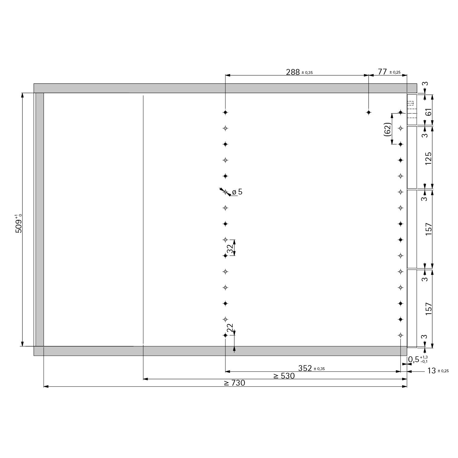 Konstruktionszeichnung im Blueprint-Stil, die Abmessungen eines rechteckigen Objekts zeigt, beschriftet mit Messwerten wie „288