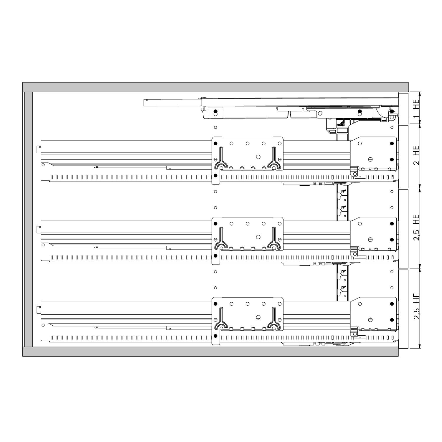 Eine technische Zeichnung einer Seitenansicht eines Serverracks mit mehreren Schiebepaneelen, jedes mit einer Höhe von 2,5 HE, vertikal angeordnet.
