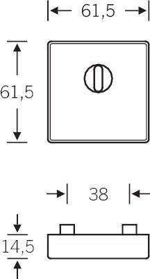 Technische Zeichnung eines quadratischen Bauteils mit einem kreisförmigen Knopf in der Mitte. Abmessungen: 61,5 Einheiten hoch und 38 Einheiten breit.