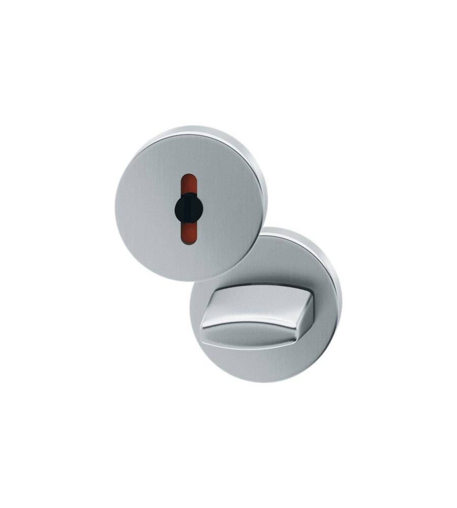 Ein modernes Daumendrehschloss aus silbernem Bürstungsmetall mit sichtbarem Schlüsselloch und rotem Indikator für die gesperrte Position.