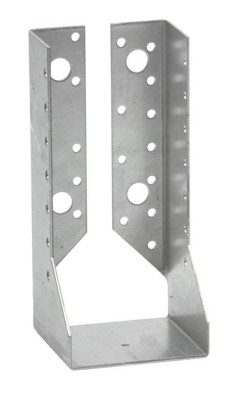 Ein Metallbalkenträger mit mehreren gebohrten Löchern zur Befestigung von Tragbalken, der sein industrielles Design und seine Funktionalität zeigt.