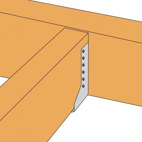Ein Nahaufnahmediagramm einer Holzbalkenverbindung, die mit einer Metallklammer und Schrauben gesichert ist, das einen strukturellen Stützmechanismus veranschaulicht.