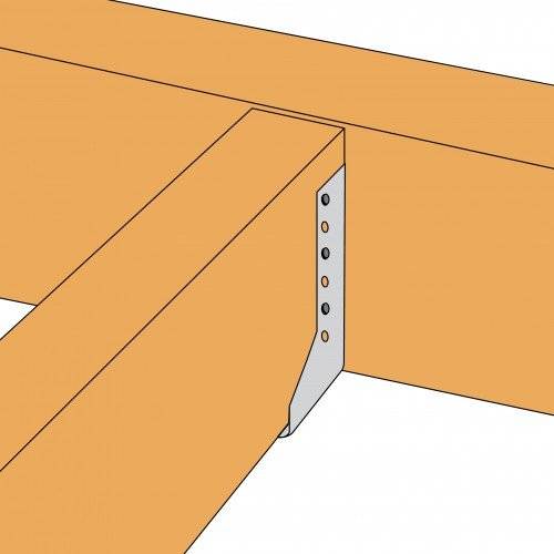 Diagramm einer Holzbalkeneckenverbindung mit einer Metallklammer, die Schrauben zeigt, die die Verbindung sichern, und die Konstruktionstechnik veranschaulicht.