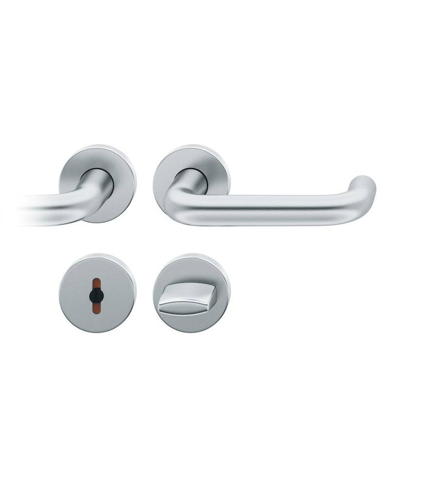 Türgriffgarnitur aus Silber mit zwei runden Platten, einem Hebelgriff und zwei Schlossblechabdeckungen; modernes Design.