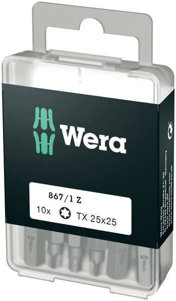 Wera 867/1 Z Bit-Box mit Schrauberbits, beschriftet als 'TX 25x25', Menge 10 Stück. Schwarze Box mit grün-weißer Markierung.