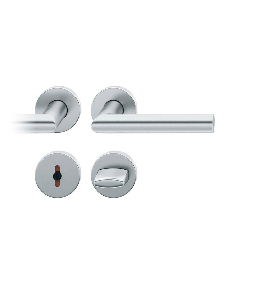 Silberner Türklinken-Set mit runder Rosette, Schlüsselloch und Datenschutzdreh-Knauf, entwickelt für moderne Innentüren.