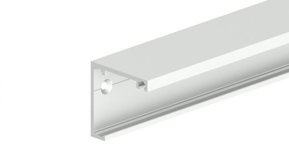 Querschnitt eines rechteckigen Aluminium-LED-Profils mit hohlem Innenraum und kreisförmigem Befestigungsloch auf der linken Seite.