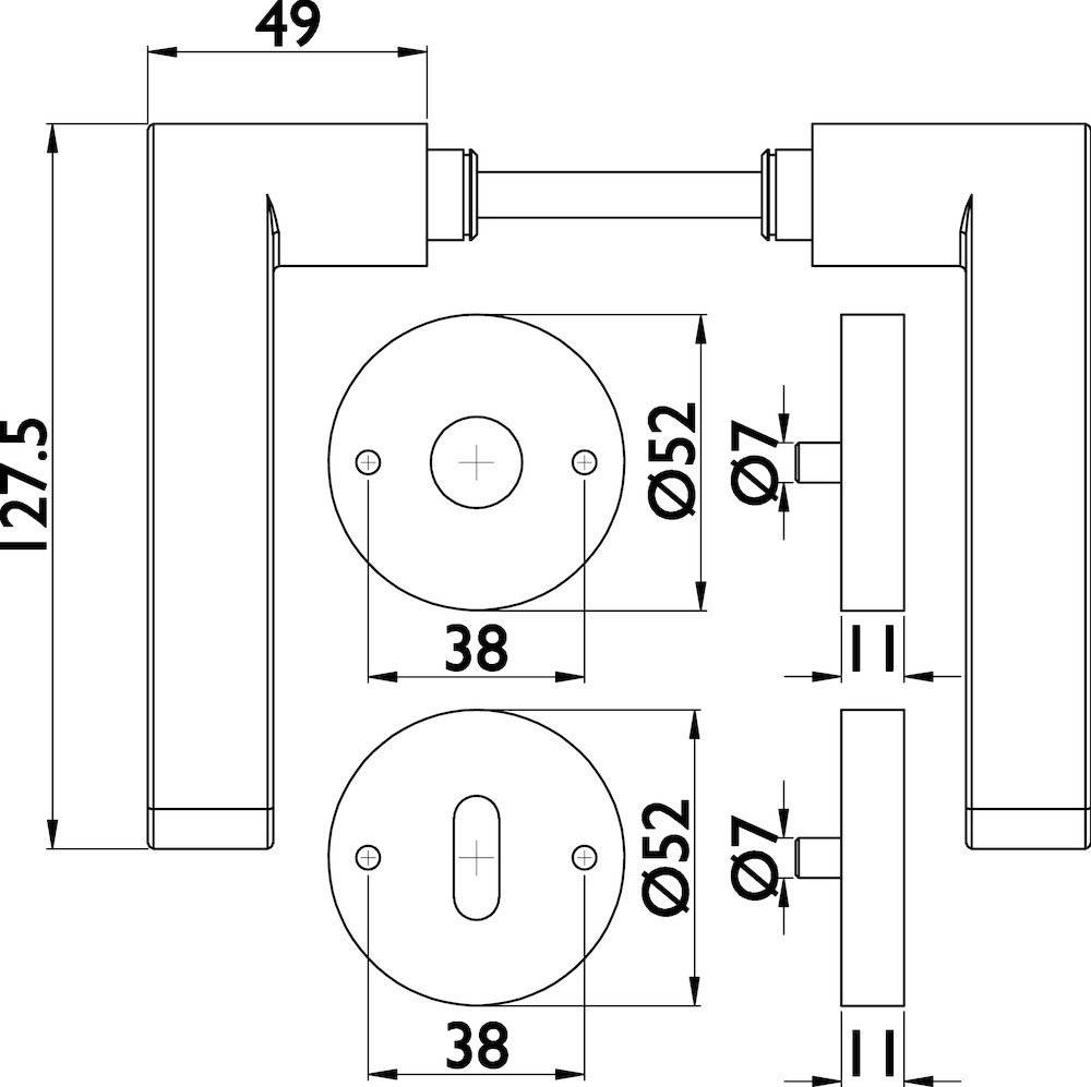 Technische Zeichnung eines Türgriffs und eines Schlüssellochs. Abmessungen: Griff 49x125,5 mm, Schlüsselloch 38 mm, kreisförmige Grundplatten 52 mm Durchmesser.