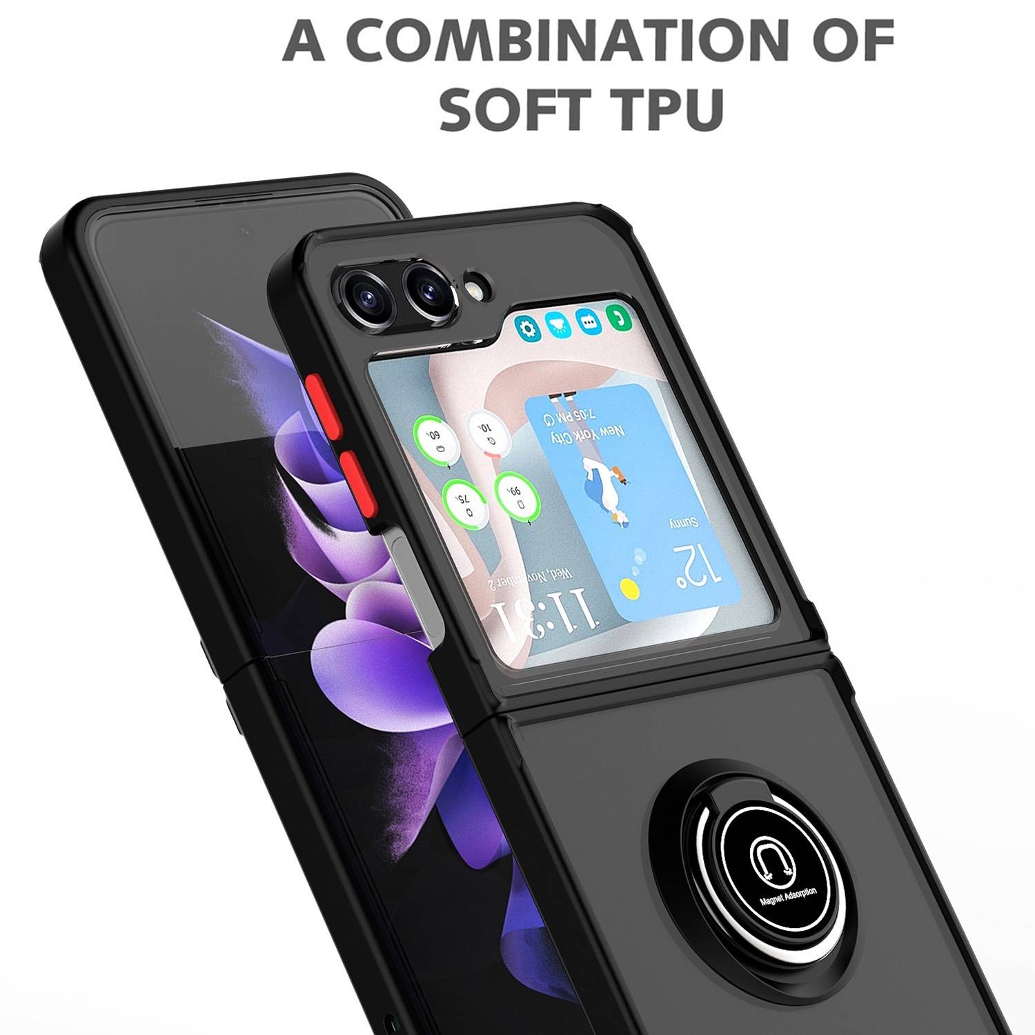 Für Samsung Galaxy Z Flip6 Shadow Design TPU / PC Hülle Ring Schwarz