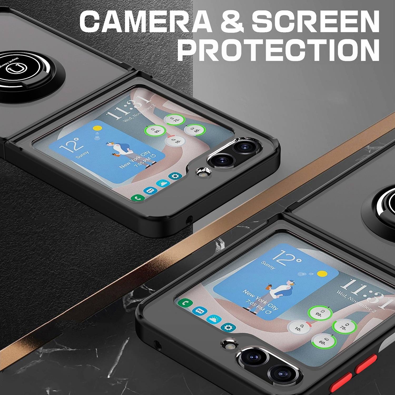 Für Samsung Galaxy Z Flip6 Shadow Design TPU / PC Hülle Ring Schwarz