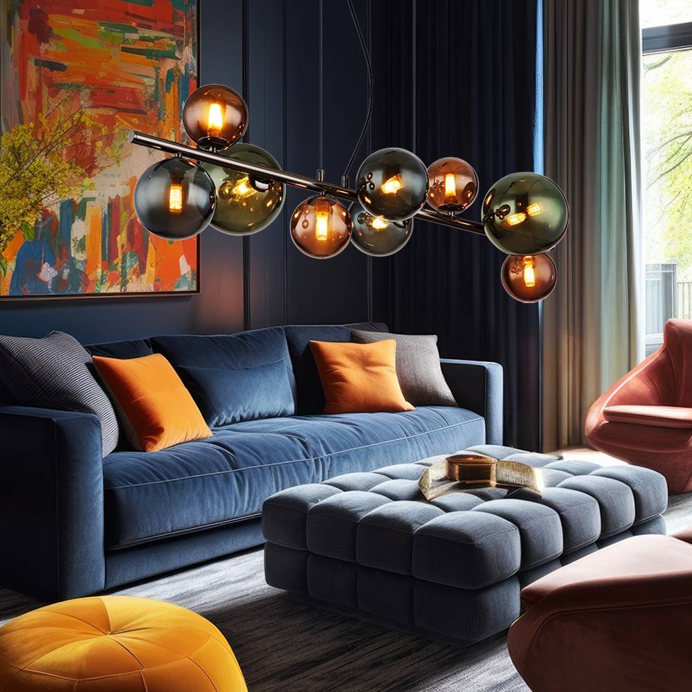 Hängeleuchte Pendellampe Esszimmerleuchte Wohnzimmerlampe Küchenleuchte, Glaskugeln grau Metall, 9 Flammig G9, LED 3,5W 350Lm 3000K warmweiß, H 120