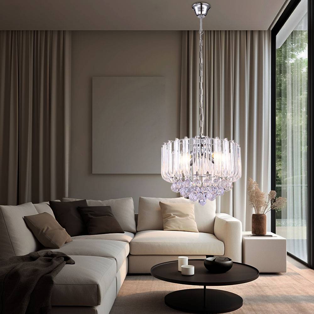 Hängeleuchte Kristalle Kronleuchter Kristallleuchte Hängelampe Luster klar, Metall verchromt, 4x LED 6W 380Lm warmweiß, DxH 35x90 cm
