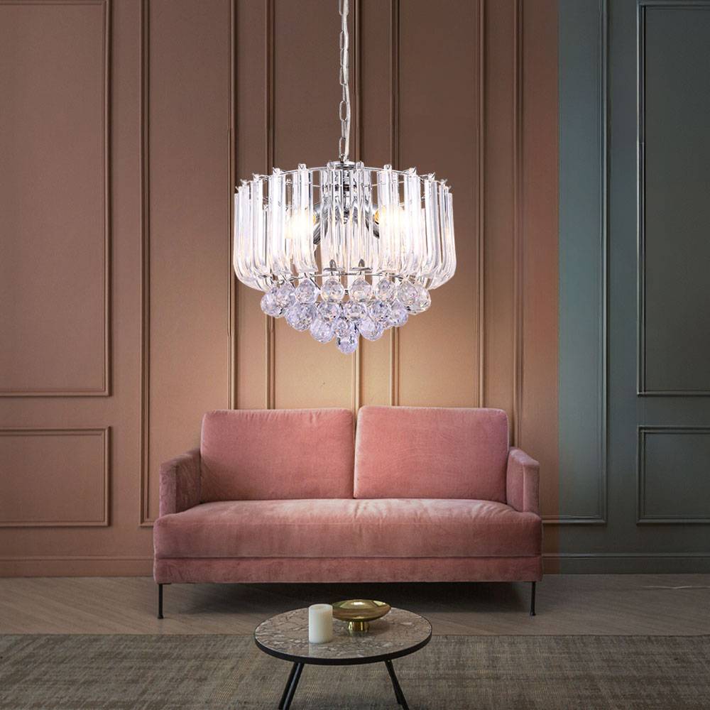 Hängeleuchte Kristalle Kronleuchter Kristallleuchte Hängelampe Luster klar, Metall verchromt, 4x LED 6W 380Lm warmweiß, DxH 35x90 cm