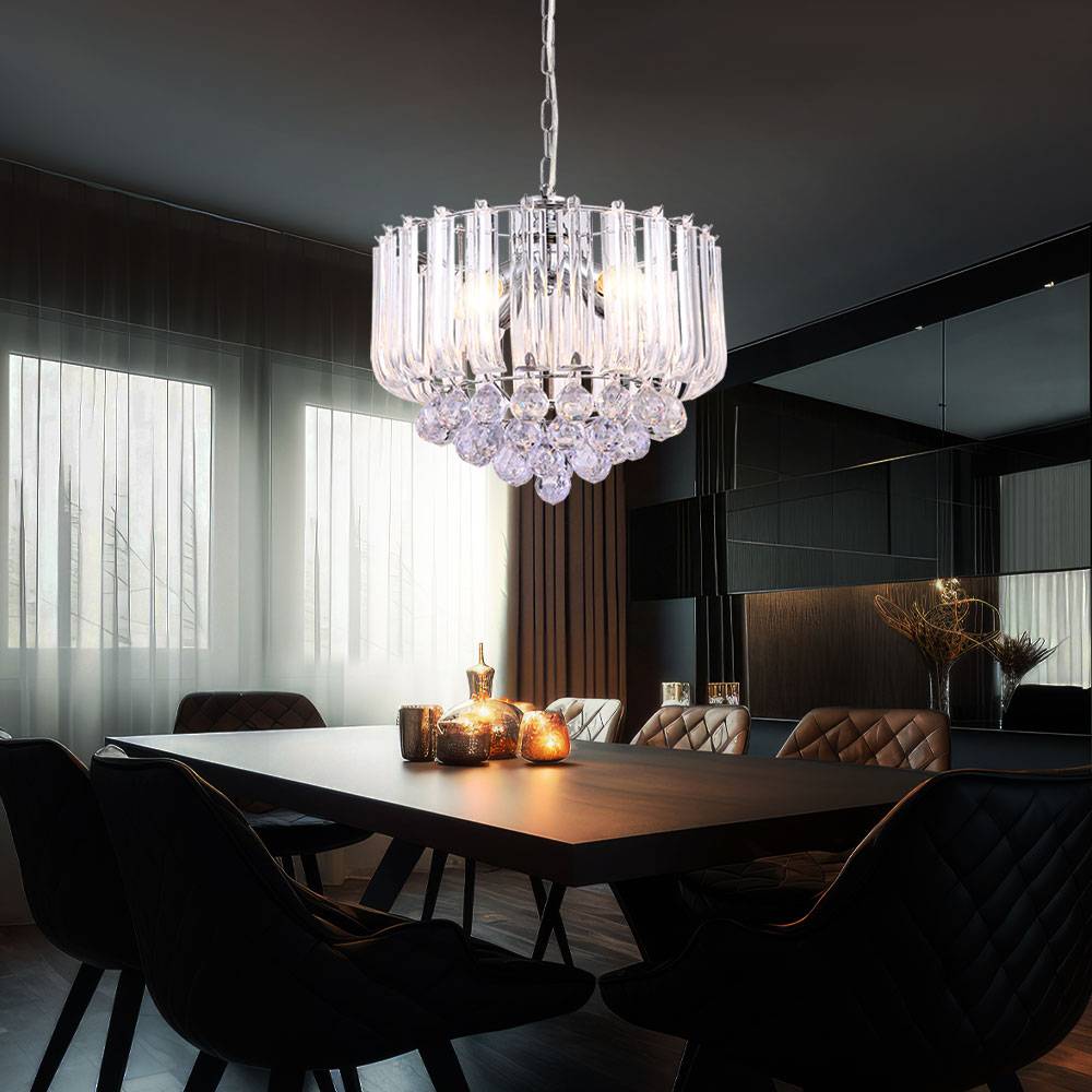 Hängeleuchte Kristalle Kronleuchter Kristallleuchte Hängelampe Luster klar, Metall verchromt, 4x LED 6W 380Lm warmweiß, DxH 35x90 cm