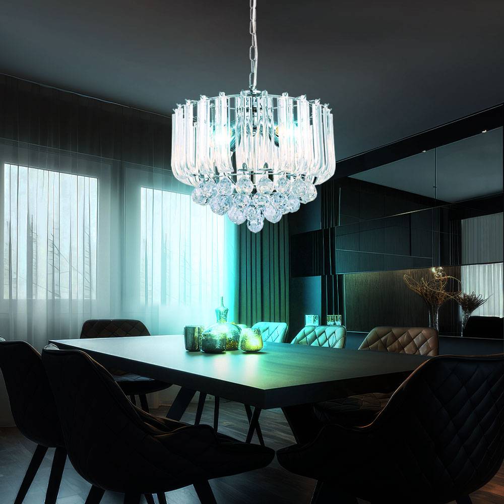 Hängeleuchte Kristalle Kronleuchter Kristallleuchte Hängelampe mit Fernbedienung dimmbar, verchromt, 4x 4,8W 470Lm warmweiß, DxH 35x90 cm