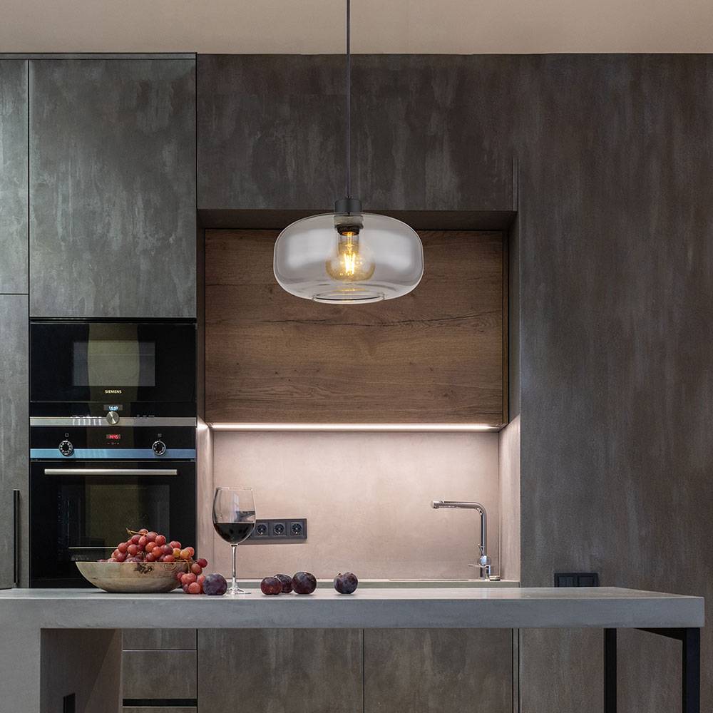 Hängelampe Pendellampe Esstischleuchte Rauchglas Wohnzimmer rund schwarz, Metall Retro, 1x E27 Fassung, DxH 28x120 cm