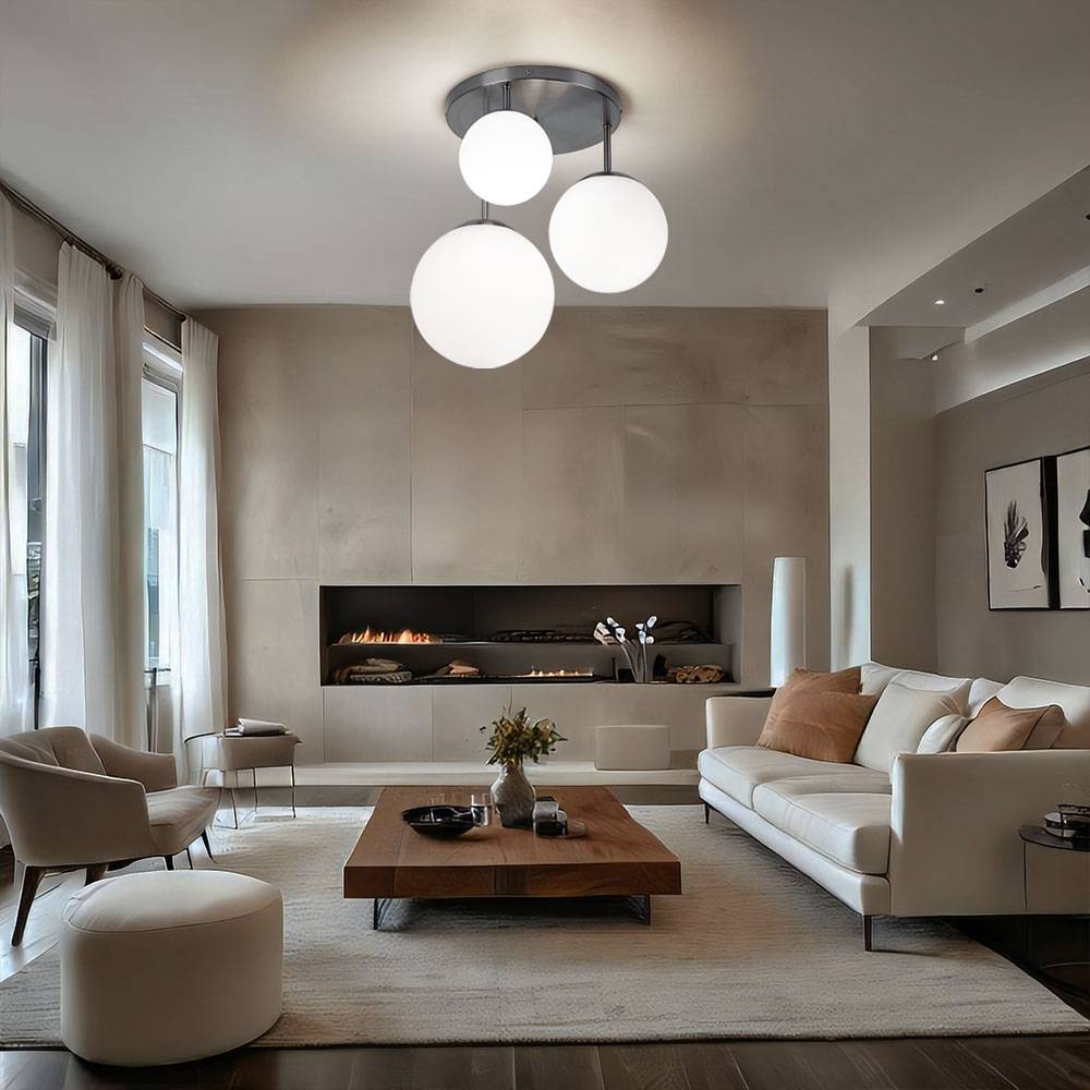 Deckenlampe Wohnzimmerleuchte Kugel Deckenleuchte Glas satiniert, unterschiedliche große Lampenschirme, 3x E27, DxH 46,5x44 cm