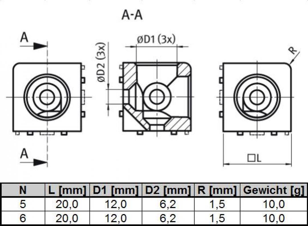Würfelverbinder 3D 20 I-Typ Nut 5 + die Abdeckkappen