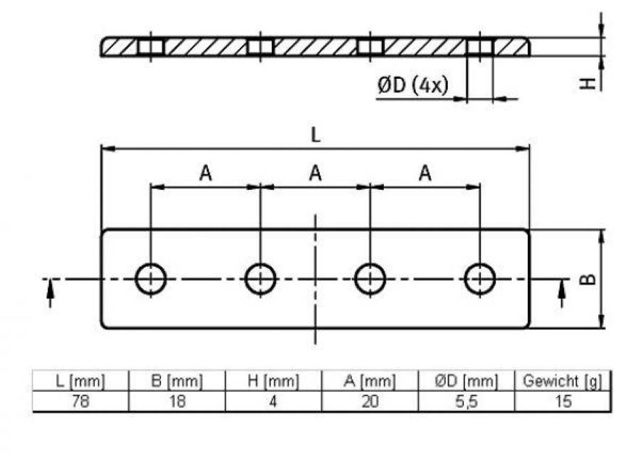 Verbinderplatte Alu vernickelt 20x80