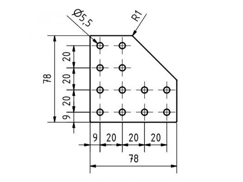 Verbinderplatte 78-L, 12-loch, gelasert, Aluminium