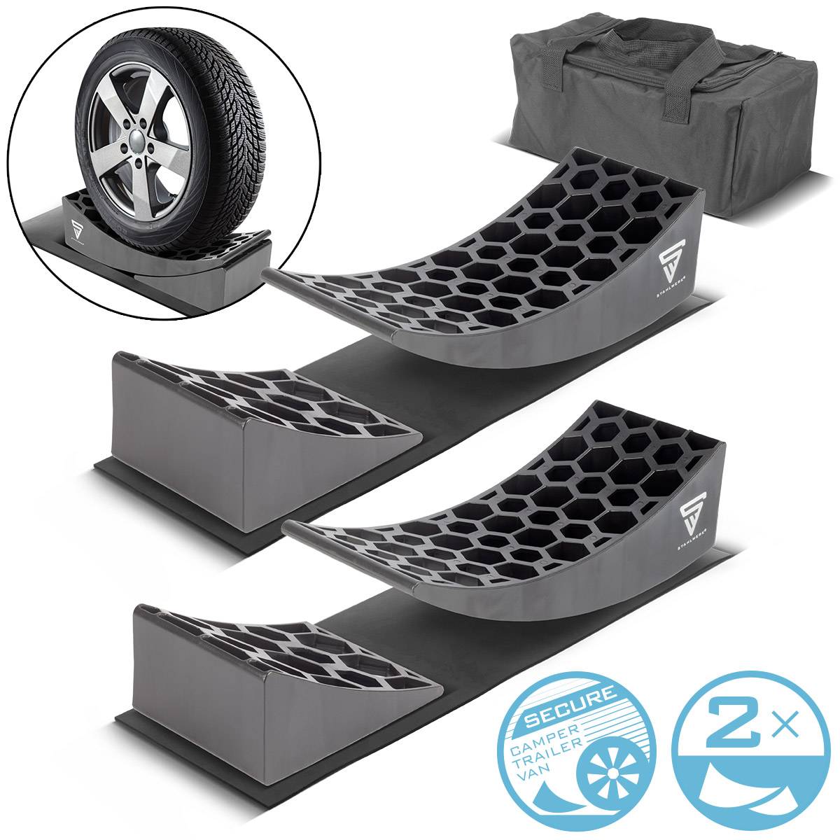 STAHLWERK Auffahrkeile GT-17 ST 2er Set bis 15,8t Achslast Unterlegkeil Rundkeil