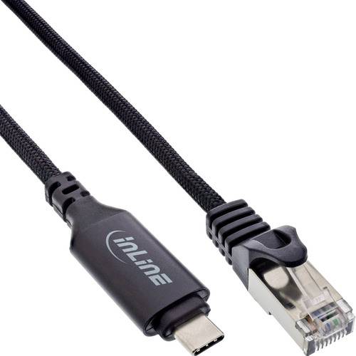 Ein USB-C-auf-Ethernet-Adapterkabel verfügt über einen USB-C-Stecker an einem Ende und einen Ethernet-Stecker am anderen Ende und ermöglicht damit Netzwerkkonnektivität.