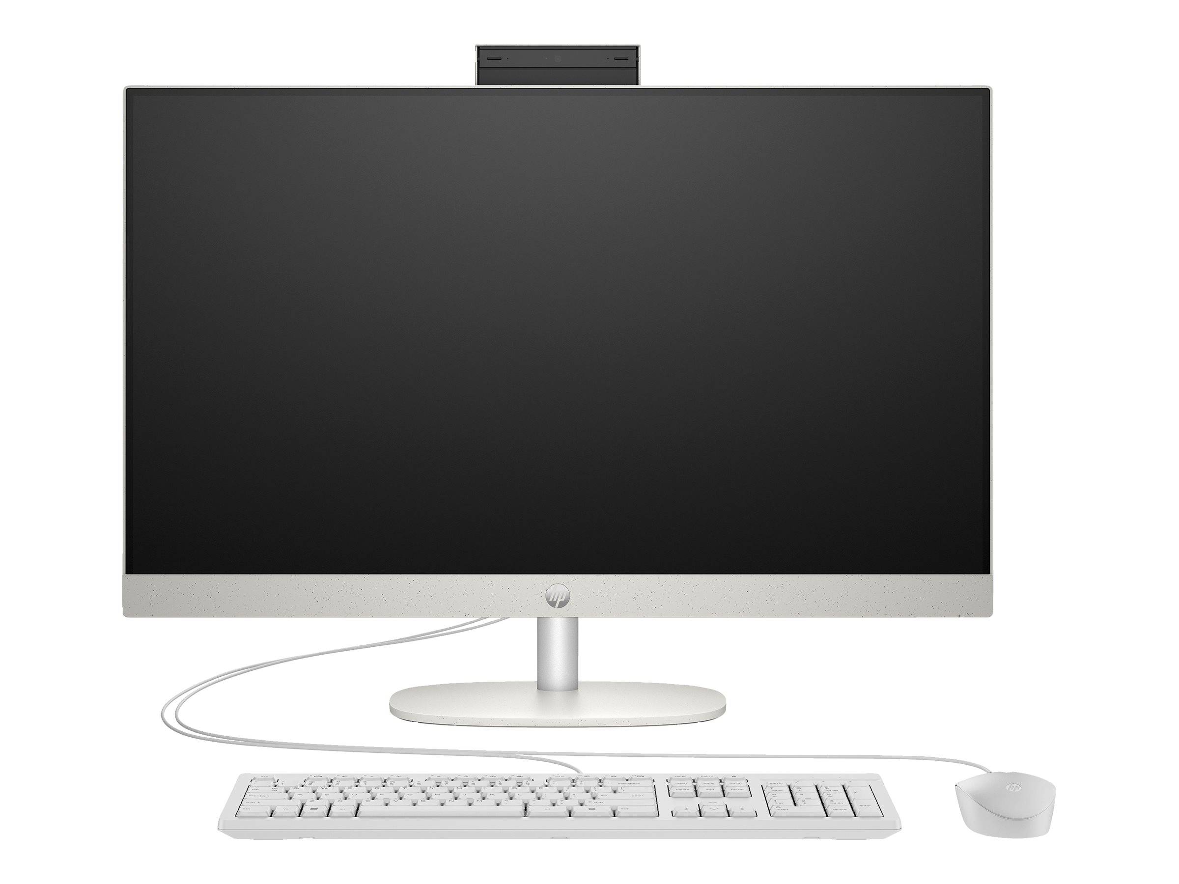 Desktop-Computer-Setup mit großem Monitor, Tastatur und Maus auf weißem Hintergrund.