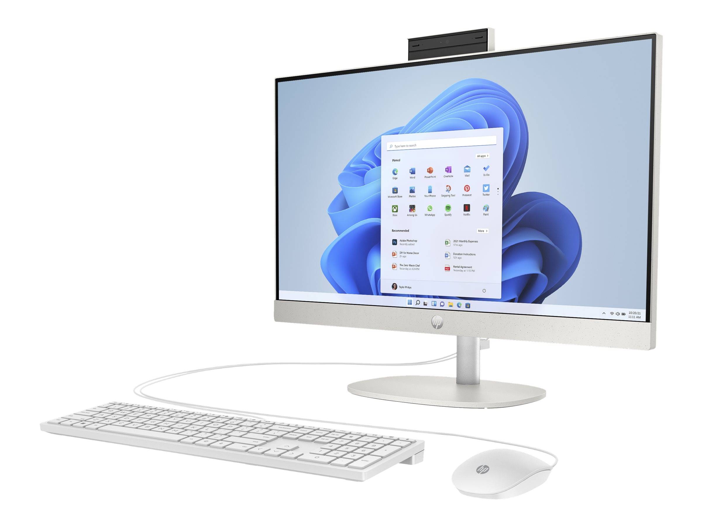Ein eleganter Desktop-Computer mit einem großen Monitor, der eine blau gestaltete Betriebssystem-Schnittstelle anzeigt, einer kabellosen Tastatur und einer Maus auf einer weißen Oberfläche.