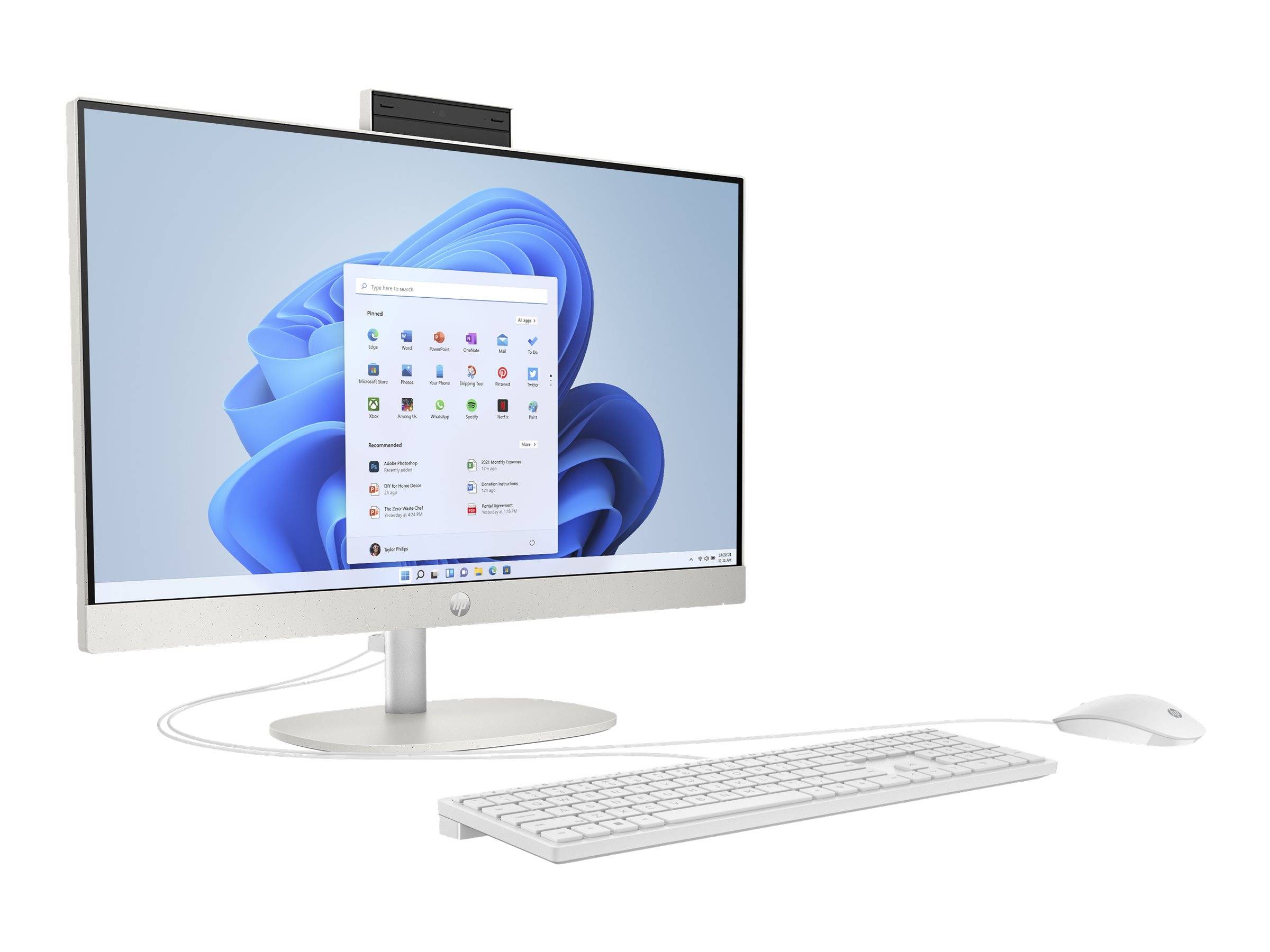 Ein silberner PC mit einem großen Monitor, der eine Desktop-Oberfläche anzeigt. Der Bildschirm zeigt ein Startmenü mit verschiedenen App-Symbolen. Tastatur und Maus davor.