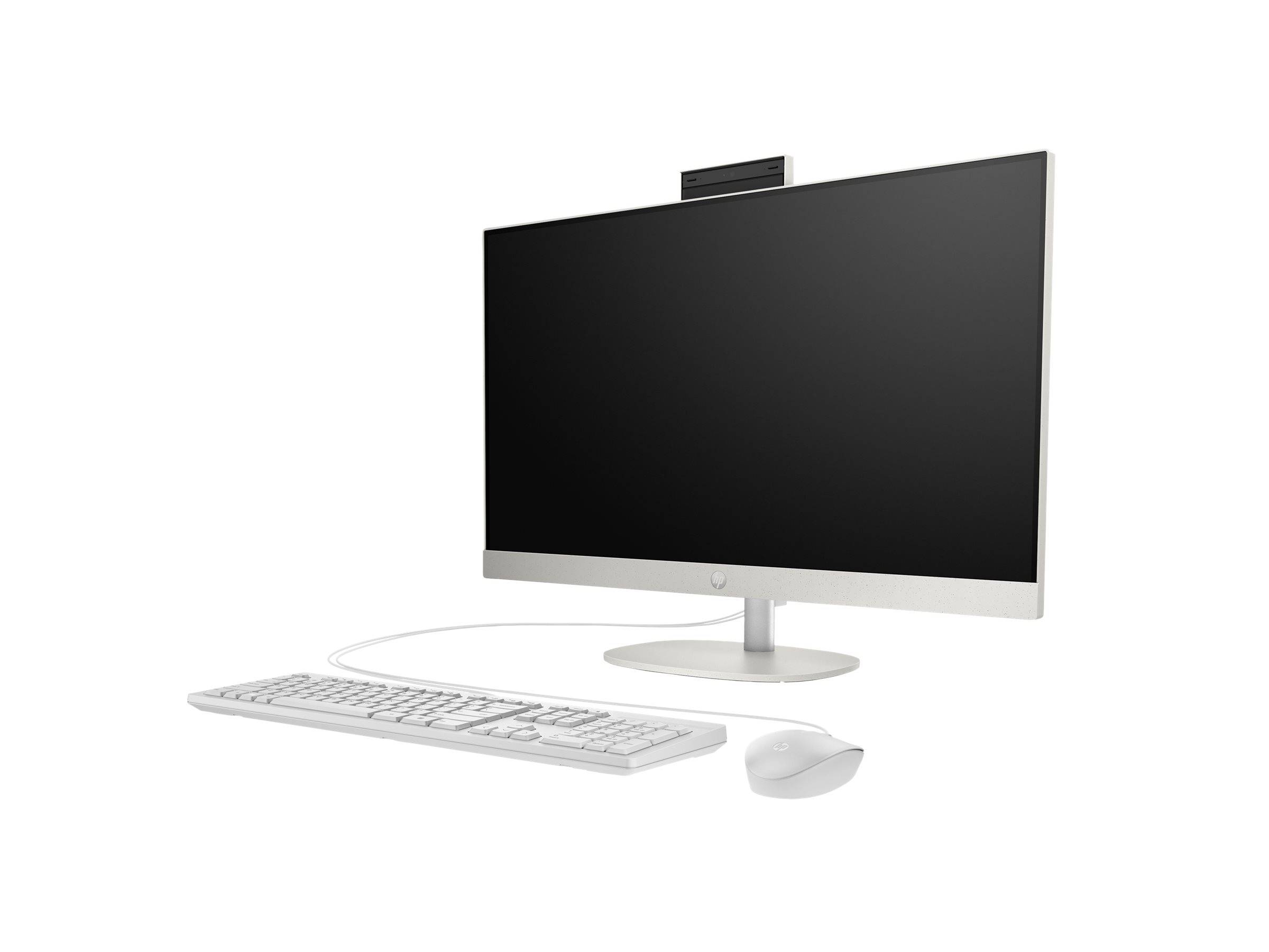 Desktop-Computer-Setup mit einem Breitbildmonitor, Tastatur und Maus auf weißem Hintergrund.