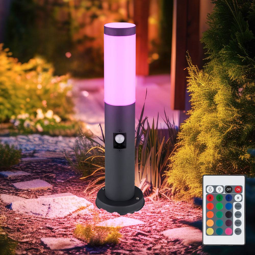 Außenstehlampe mit Bewegungsmelder Gartenlampe Edelstahl LED Wegeleuchte dimmbar mit Fernbedienung anthrazit Außenleuchte, RGB Farbwechsel, 8,5W 806