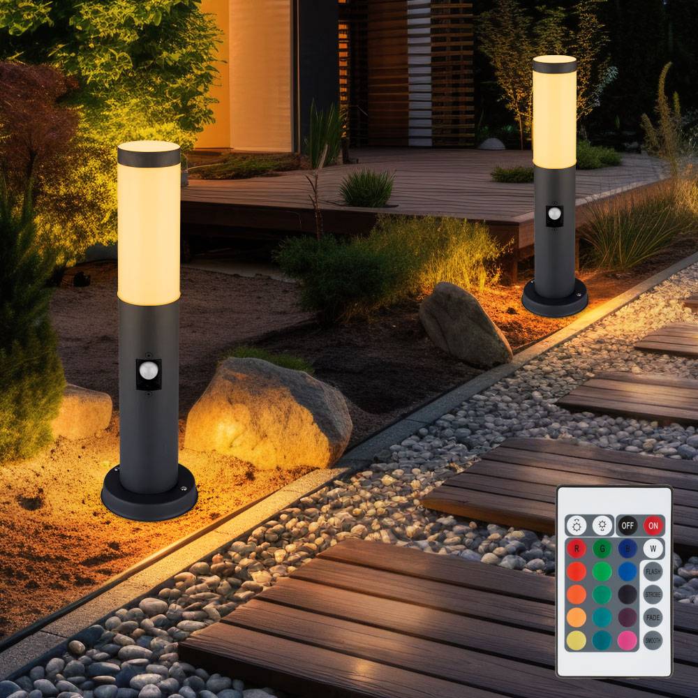 Außenstehlampe mit Bewegungsmelder Gartenlampe Edelstahl LED Wegeleuchte dimmbar mit Fernbedienung anthrazit Außenleuchte, RGB Farbwechsel, 8,5W 806