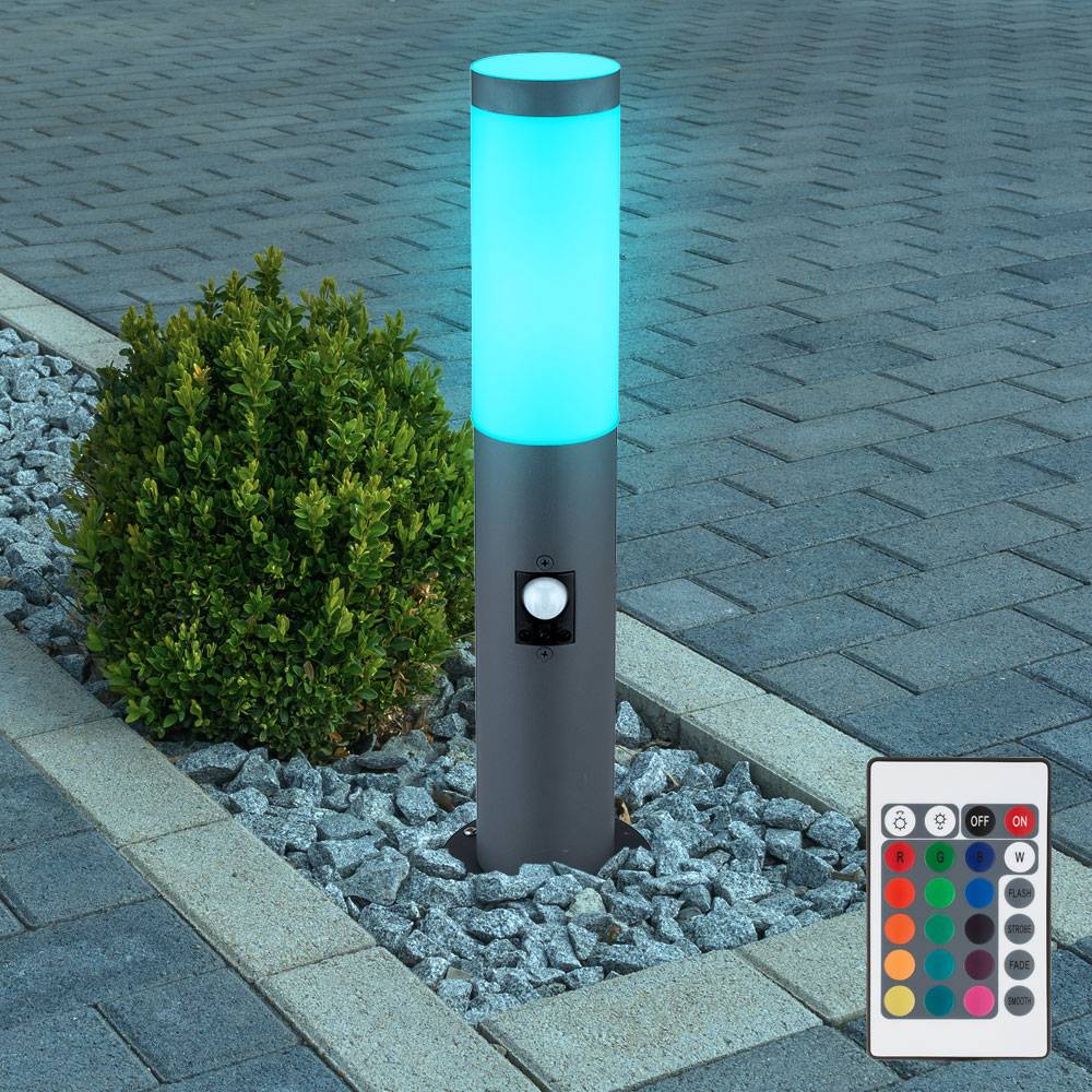 Außenstehlampe mit Bewegungsmelder Gartenlampe Edelstahl LED Wegeleuchte dimmbar mit Fernbedienung anthrazit Außenleuchte, RGB Farbwechsel, 8,5W 806