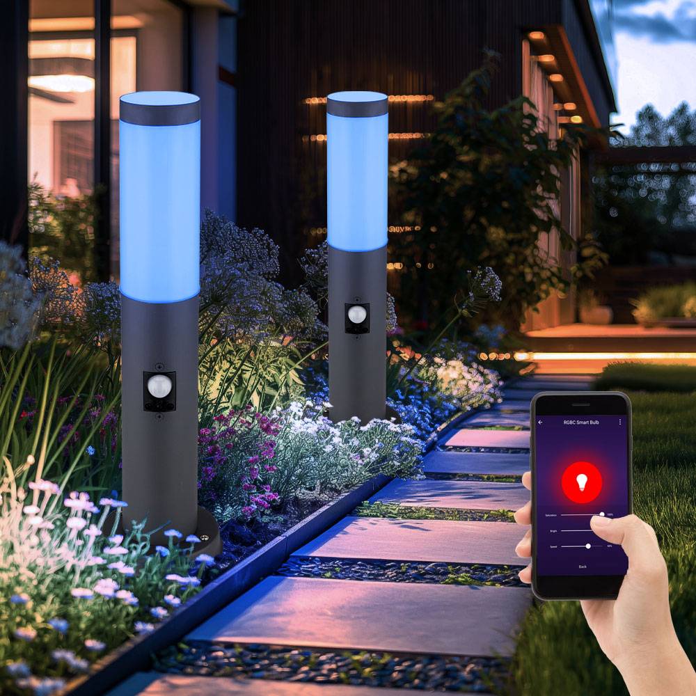 Außenstehlampe mit Bewegungsmelder Gartenlampe Edelstahl Smart LED Wegeleuchte dimmbar mit Fernbedienung anthrazit Außenleuchte, RGB Farbwechsel,