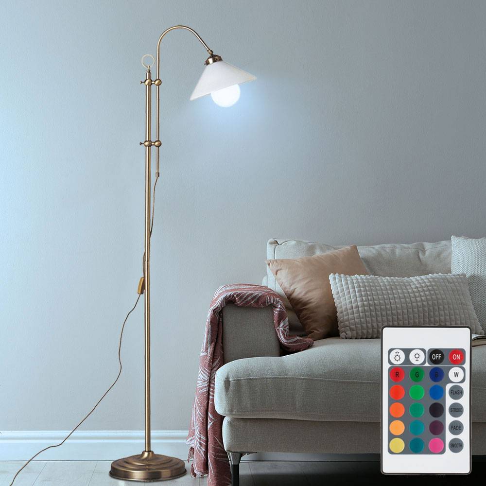 Standleuchte mit Fernbedienung Stehlampe höhenverstellbar Bogenlampe dimmbar, Metall altmessing, Kabelschalter, 8,5W 806Lm warmweiß, H 145-170 cm