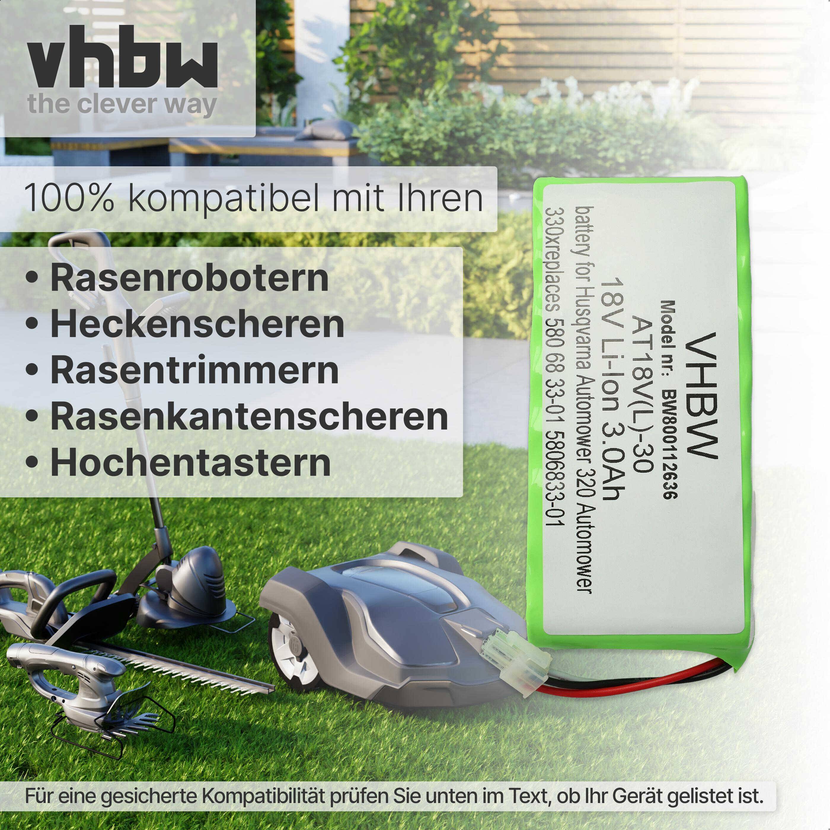 vhbw 2x Akku Ersatz für Husqvarna 580 68 33-02, 580 68 33-03, 580683303, 5806833-03, 588146401 für Rasenroboter (3000mAh 18V Li-Ion)