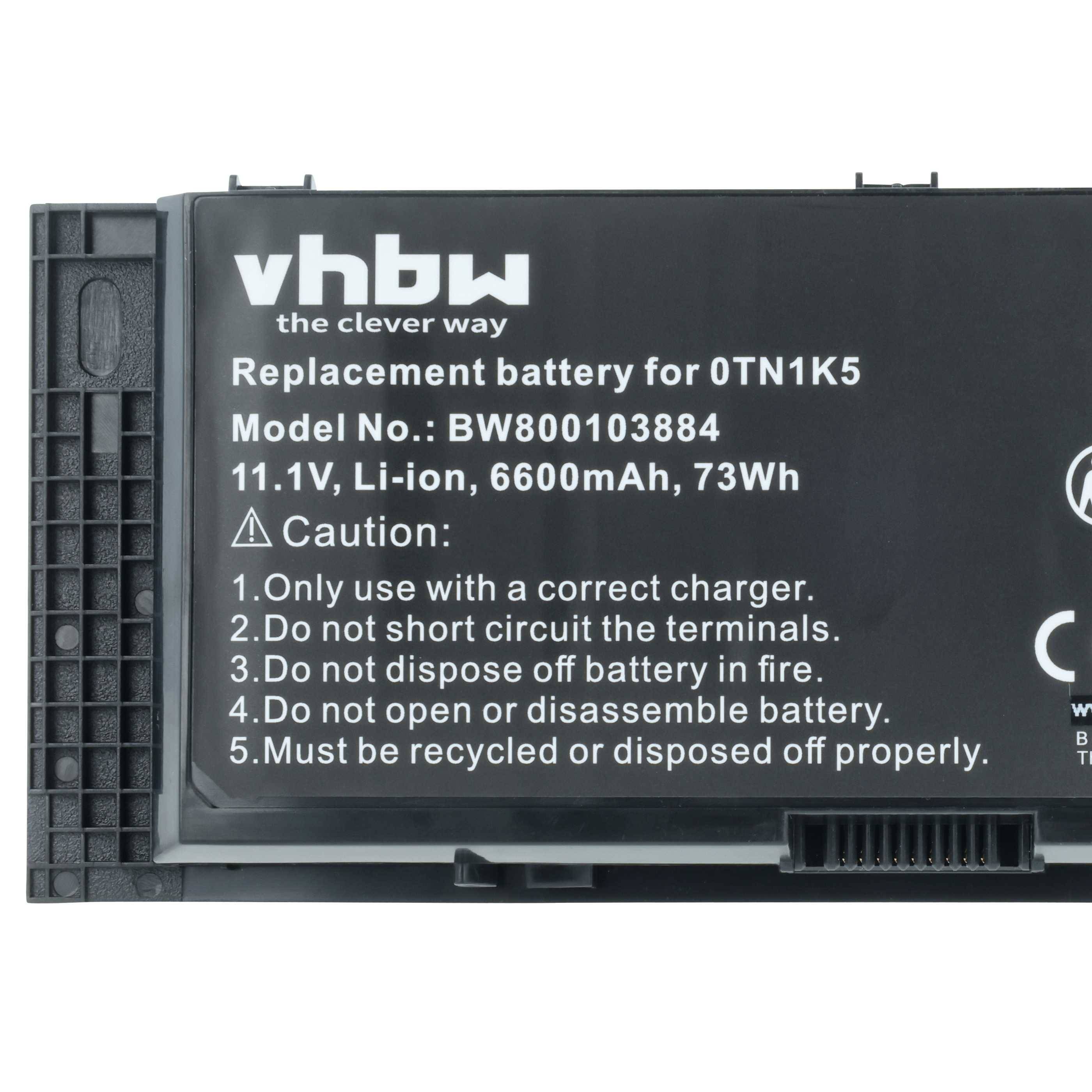 Rechteckiger Akku mit dem Text 'vhbw Ersatzakku für 0TN1K5'. Modell-Nr.: BW800103884, 11,1V, Li-Ion, 6600mAh, 73Wh. Enthält Warnhinweise.