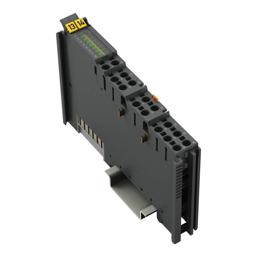 Ein schwarzes elektronisches Modul mit mehreren Anschlussports, auf der Oberseite mit '13' und '14' beschriftet, für die Montage auf einer Schiene konzipiert.