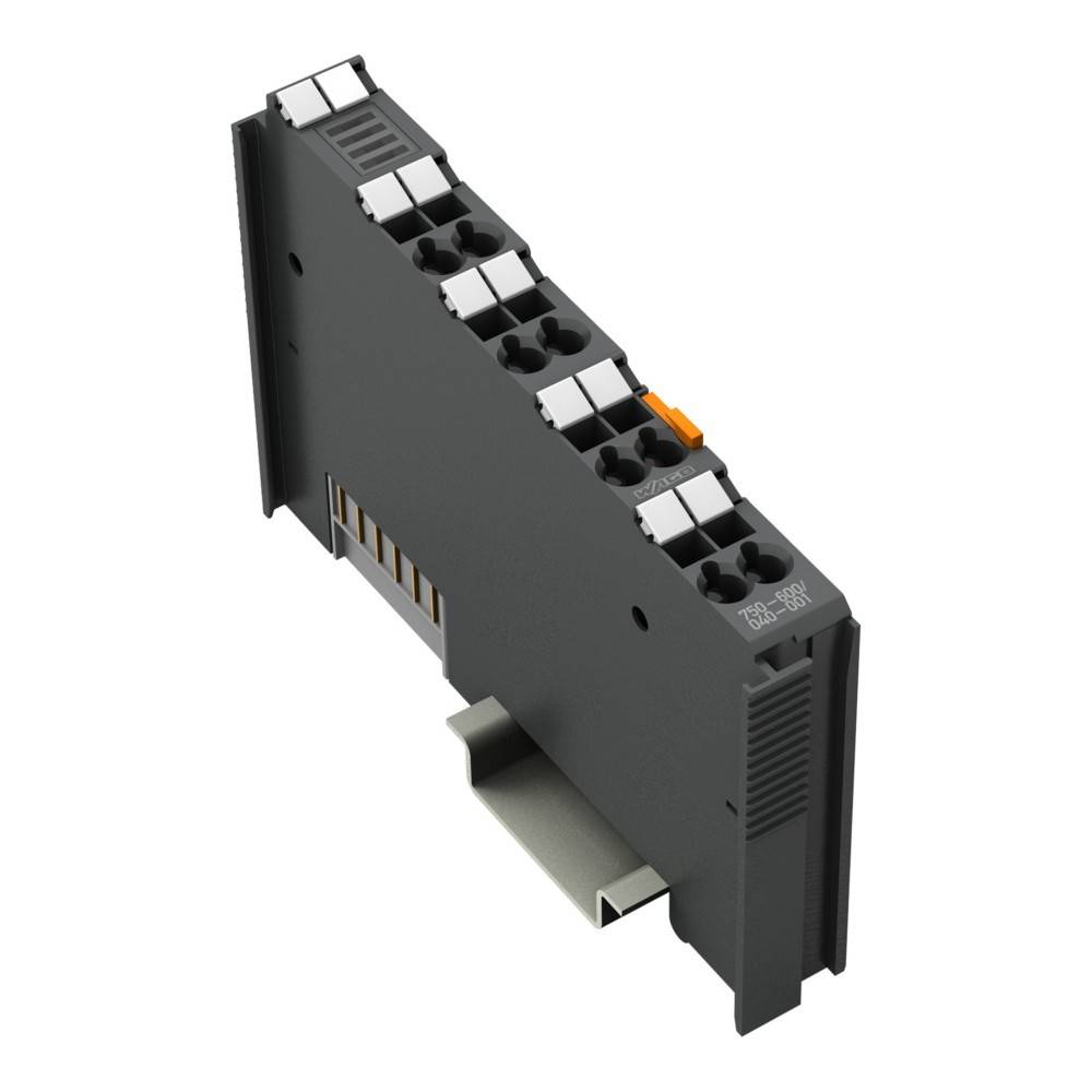 Ein grauer elektronischer Modul mit mehreren Anschlüssen auf der Oberseite, beschriftet mit TBU 1-1HSI, zum Anbringen auf einer Hutschiene, verwendet für industrielle Anwendungen.