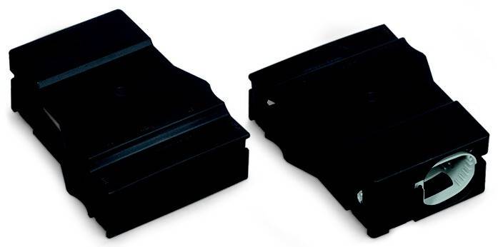 Zwei schwarze rechteckige elektronische Module auf weißem Hintergrund gezeigt, eines mit einem sichtbaren kreisförmigen Steckeranschluss auf der Vorderseite.