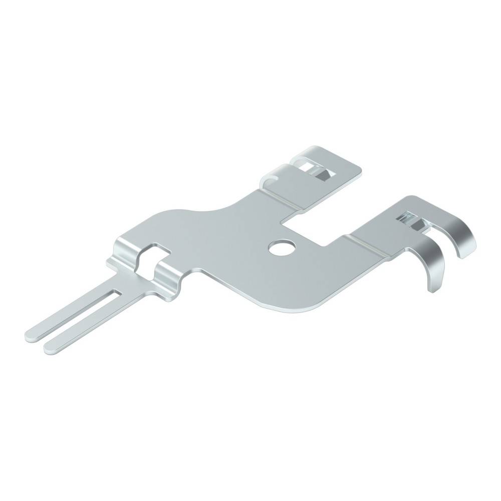 Metallischer Silber-Verbindungsclip oder -halter mit zentralem Loch und gegabelten Enden, dargestellt auf weißem Hintergrund.