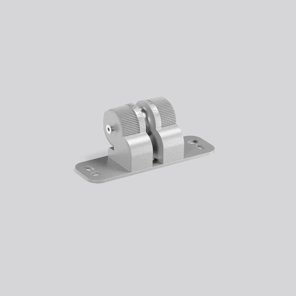 Silbermetall-Scharnierbracket mit zwei gerillten zylindrischen Klemmen, die auf einer flachen Grundplatte montiert sind.