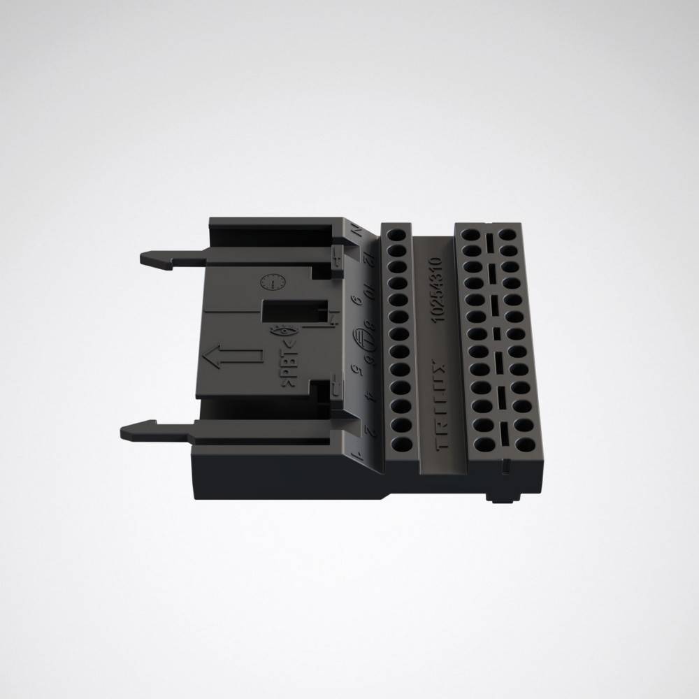 Digitale Elektronikkomponente mit Verbindungsstecker, der mehrere Anschlüsse mit Zahlen und Symbolen beschriftet hat und für Schaltungsverbindungen verwendet wird.
