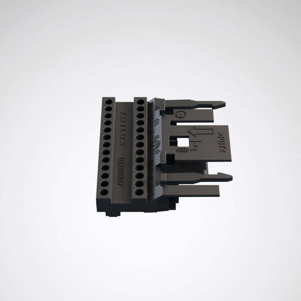 Ein schwarzer LEGO Technic Bauteil mit mehreren Löchern und Verbindungspunkten, mit aufgedruckten Pfeilen und Text, der für fortgeschrittene Bauprojekte verwendet wird.