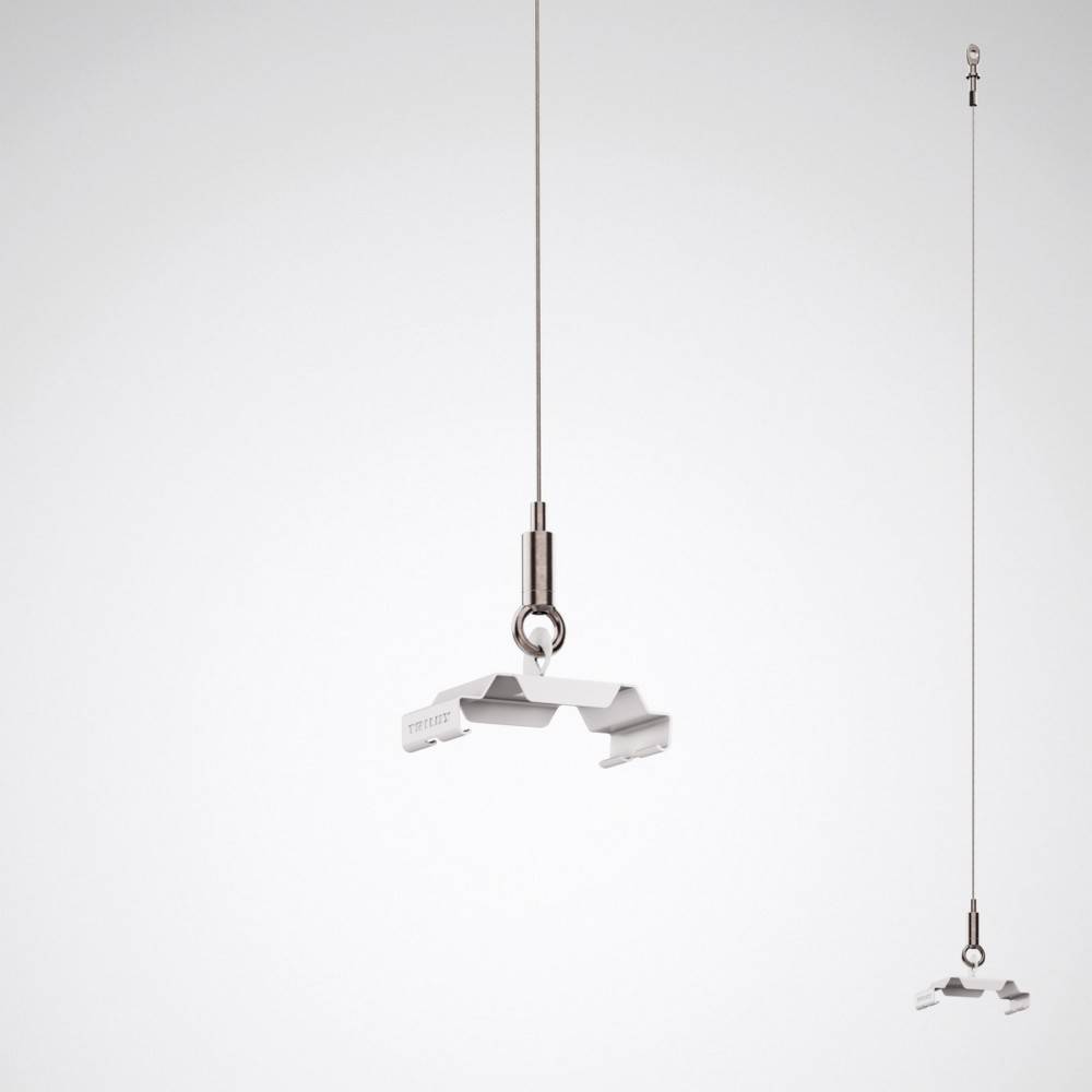 Eine minimalistische Deckenleuchte, die an einem dünnen Draht aufgehängt ist und ein modernes, industrielles Design mit metallischer Oberfläche aufweist.