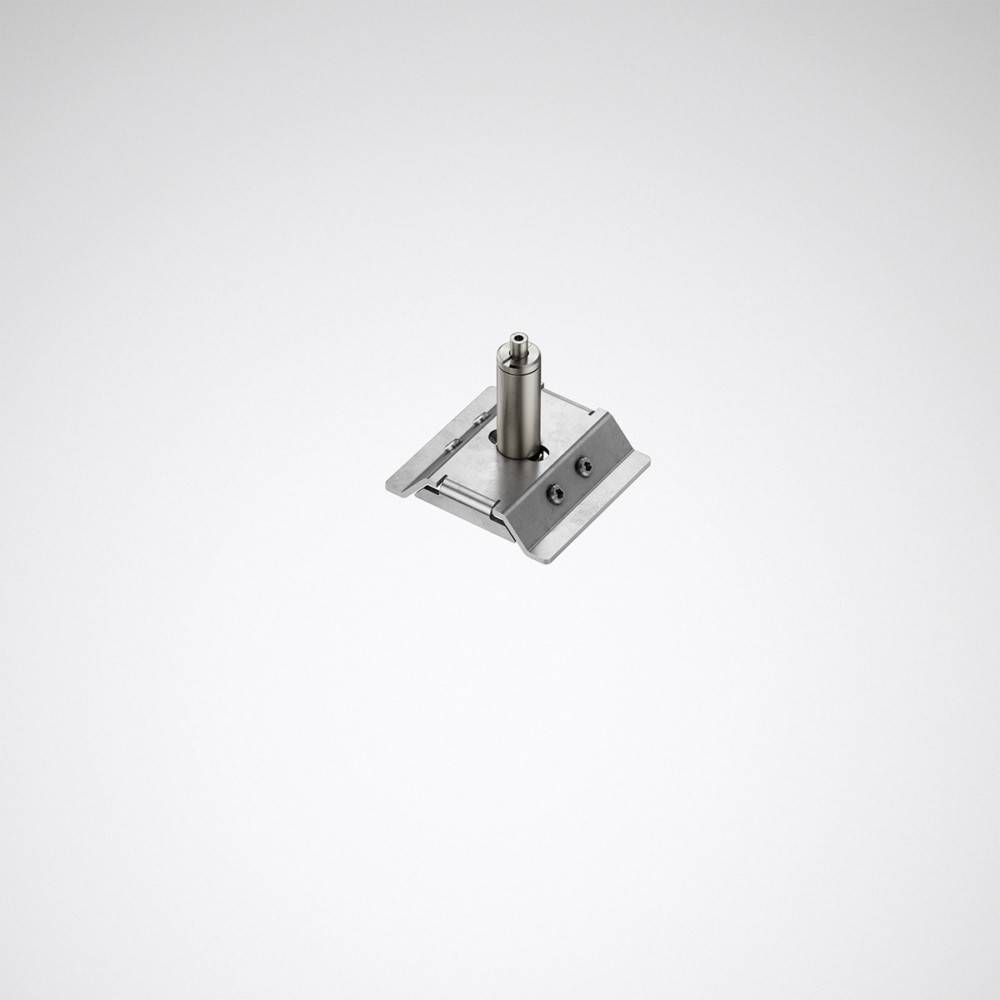 Eine kleine, metallene Scharnier- oder Gelenkvorrichtung mit einer zylindrischen Befestigung, die zentral auf einem neutralen grauen Hintergrund platziert ist.